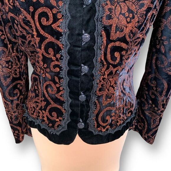 Vintage Collarless Blazer Tailored Black Velvet Structured Hourglass Metallic - Picture 5 of 14